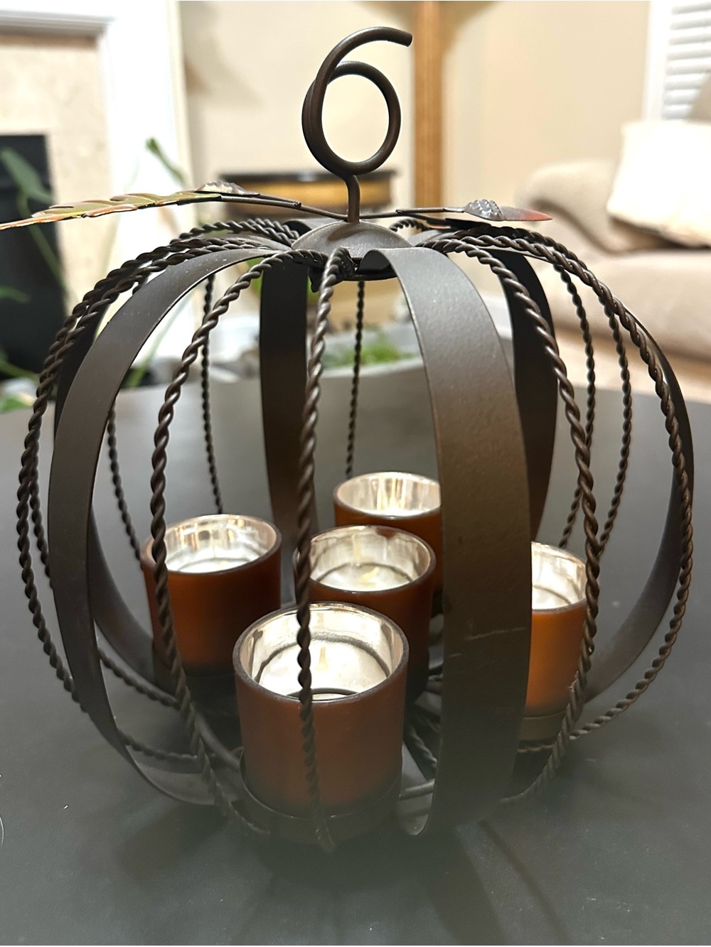 Metal Pumpkin Tea Light Holder with Brown Votive Cups
